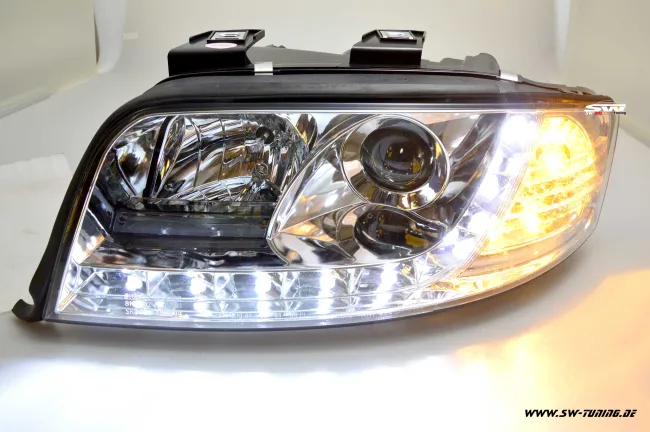 SW-DRL Scheinwerfer passend für AUDI A6 4B 01-04 Facelift LED Tagfahrlicht R87 chrome