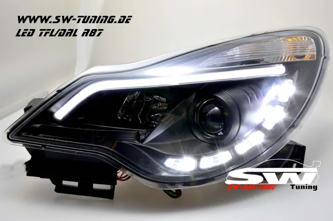 SW-DRLTube Scheinwerfer passend für Opel Corsa D Facelift 11-15 LED TFL R87 / Lighttube black