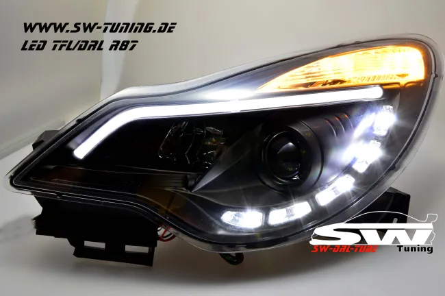 SW-DRLTube Scheinwerfer passend für Opel Corsa D Facelift 11-15 LED TFL R87 / Lighttube black