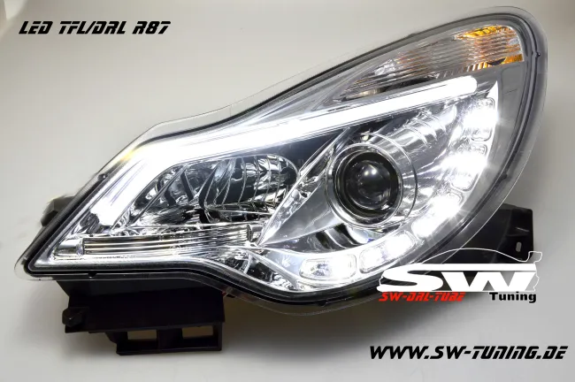 SW-DRLTube headlights suitable for Opel Corsa D Facelift 11-15 LED-DRL R87/Lighttube chrome