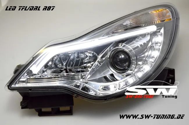 SW-DRLTube headlights suitable for Opel Corsa D Facelift 11-15 LED-DRL R87/Lighttube chrome