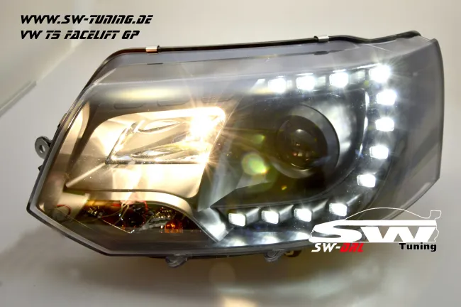 SW-DRL Scheinwerfer VW T5 GP Facelift Typ 7H 09-14 LED Tagfahrlicht R87 black
