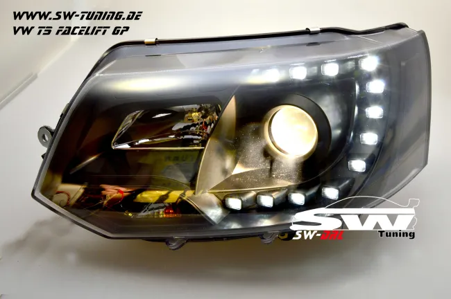 SW-DRL Scheinwerfer VW T5 GP Facelift Typ 7H 09-14 LED Tagfahrlicht R87 black
