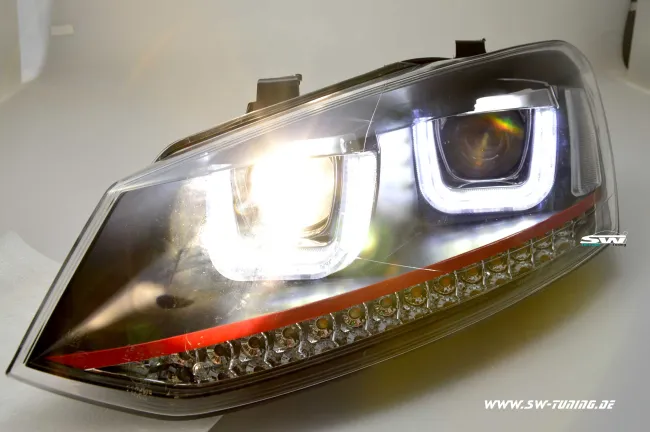 SW-Light Scheinwerfer VW Polo V 6R 6C 10-17 LED U-Tube Standlicht black RED-Line