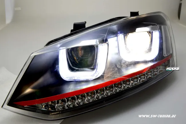 SW-Light Scheinwerfer VW Polo V 6R 6C 10-17 LED U-Tube Standlicht black RED-Line