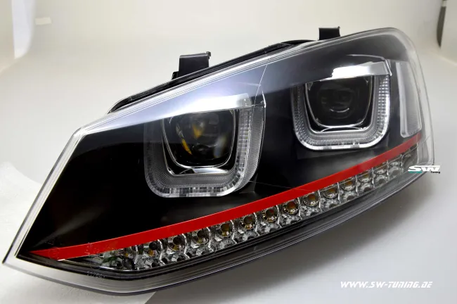 SW-Light Scheinwerfer VW Polo V 6R 6C 10-17 LED U-Tube Standlicht black RED-Line