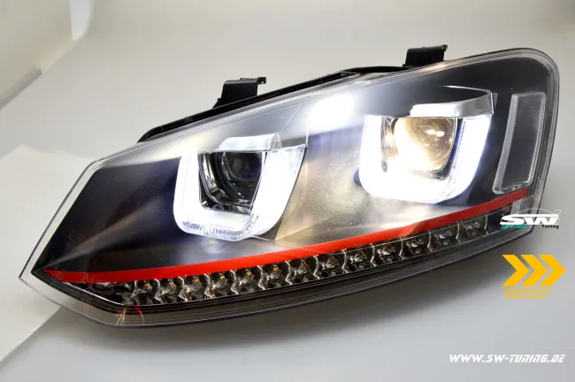 SW-Light Scheinwerfer passend für Polo V 6R 6C 10-17 LED U-Tube Standlicht / Wischblinker Black RED-Line