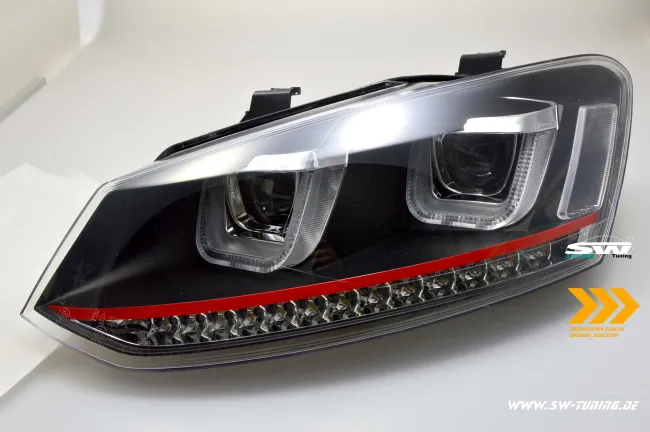 SW-Light Scheinwerfer passend für Polo V 6R 6C 10-17 LED U-Tube Standlicht / Wischblinker Black RED-Line