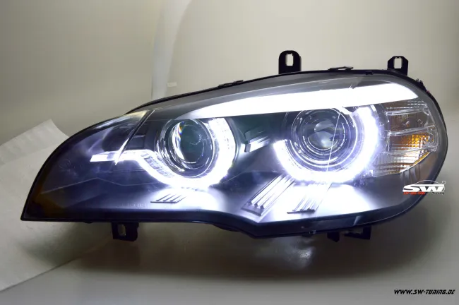 SW-DRLtube Angel Eye Xenon Scheinwerfer für BMW X5 E70 07-10 High LED U-DRL Black ohne AFS