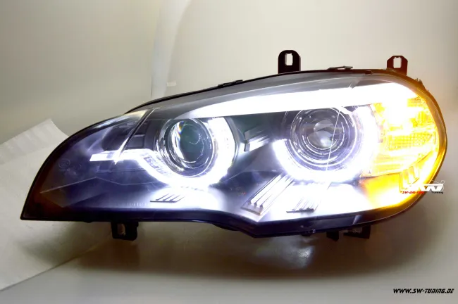 SW-DRLtube Angel Eye Xenon Scheinwerfer für BMW X5 E70 07-10 High LED U-DRL Black ohne AFS