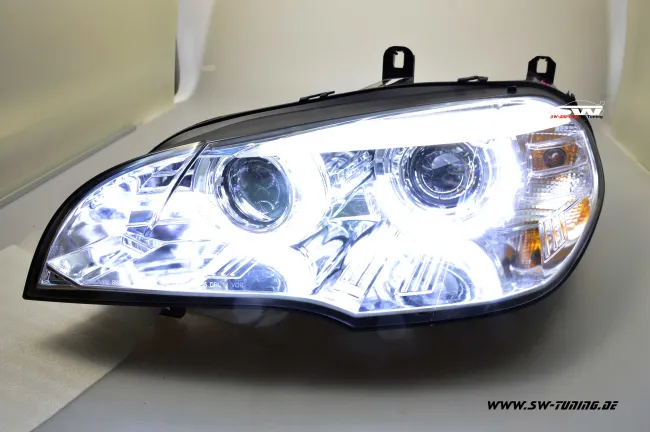 SW-DRLtube Angel Eye Xenon Scheinwerfer für BMW X5 E70 07-10 High LED U-DRL chrom ohne AFS