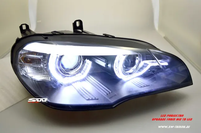 SW-DRLtube Angel Eye LED Scheinwerfer für BMW X5 E70 07-10 High LED U-DRL Black ohne AFS Upgrade