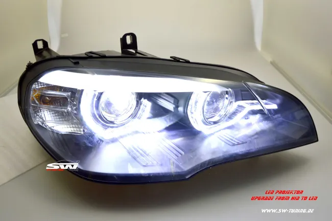 SW-DRLtube Angel Eye LED Scheinwerfer für BMW X5 E70 07-10 High LED U-DRL Black ohne AFS Upgrade