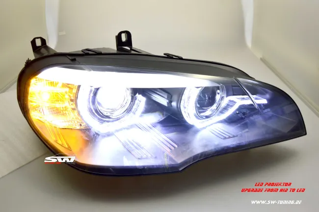 SW-DRLtube Angel Eye LED Scheinwerfer für BMW X5 E70 07-10 High LED U-DRL Black ohne AFS Upgrade