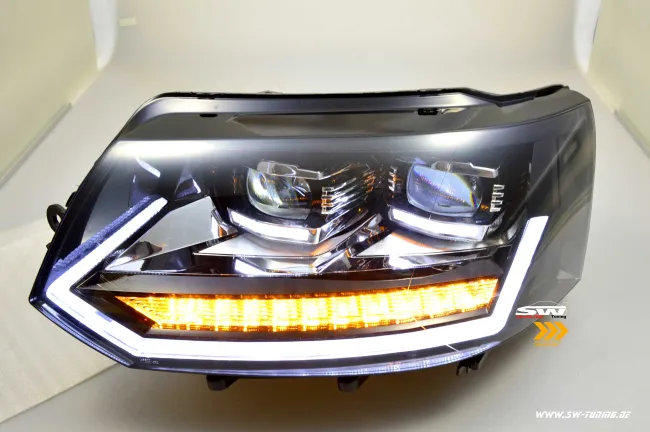 SW-DRLTube Voll LED Scheinwerfer passend für VW T5 GP Facelift Typ 7H 09-14 LED TFL/Wischblinker Black